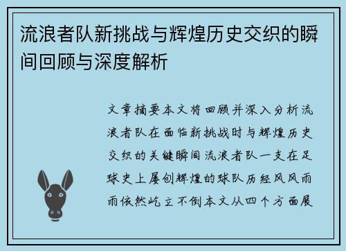 流浪者队新挑战与辉煌历史交织的瞬间回顾与深度解析 流浪者队新挑战与辉煌历史交织的瞬间回顾与深度解析