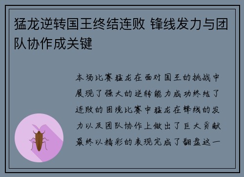 猛龙逆转国王终结连败 锋线发力与团队协作成关键