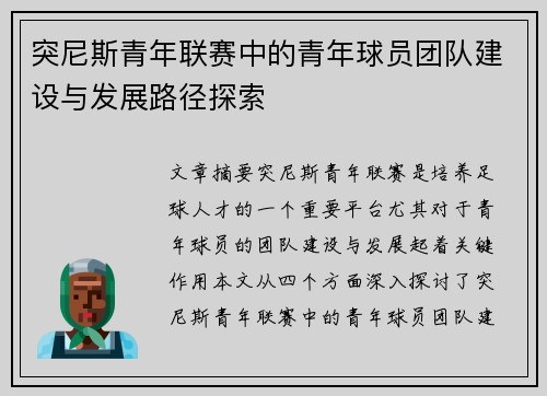 突尼斯青年联赛中的青年球员团队建设与发展路径探索