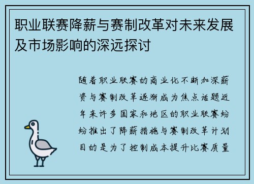 职业联赛降薪与赛制改革对未来发展及市场影响的深远探讨