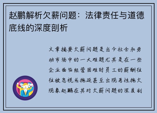 赵鹏解析欠薪问题：法律责任与道德底线的深度剖析